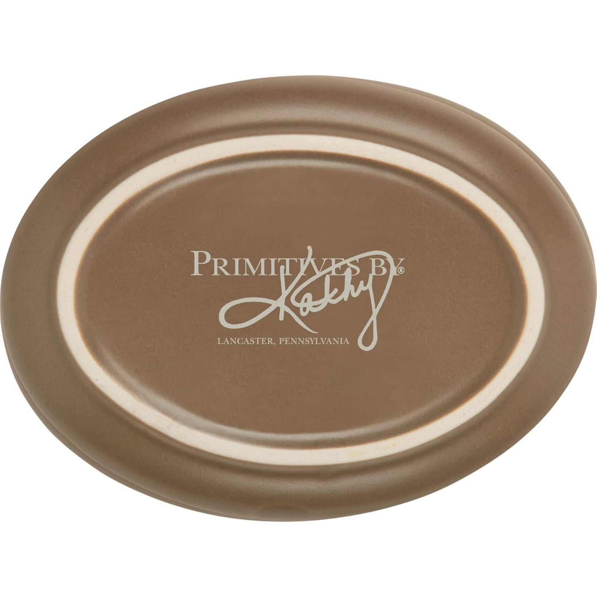 Brown oval platter with 'Primitives by Kathy' logo on a white background