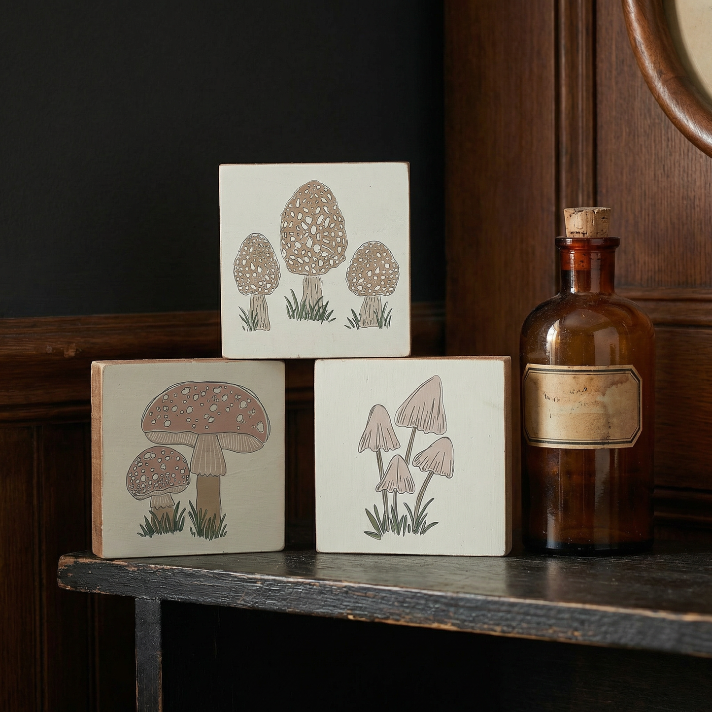 Mushroom Wooden Block Sign Set of 3 | Botanical Mushroom Decor