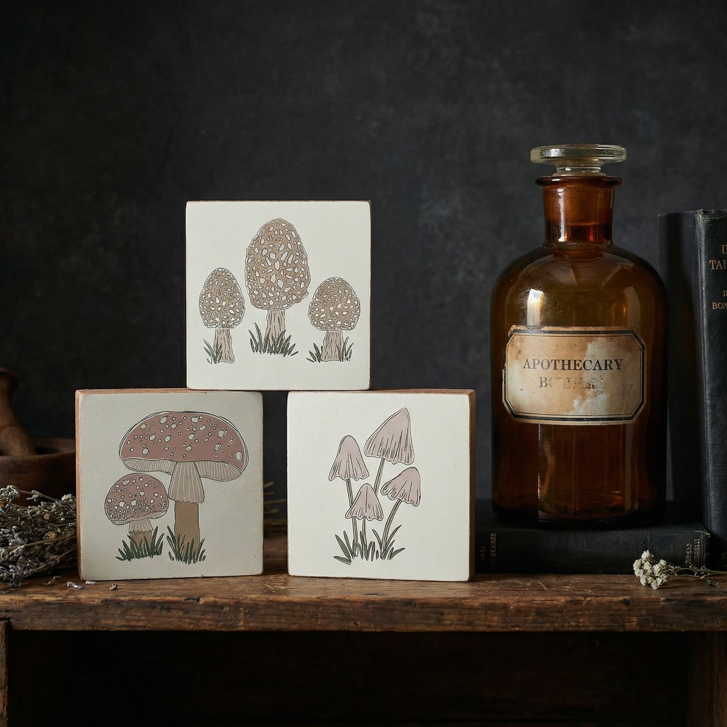Mushroom Wooden Block Sign Set of 3 | Botanical Mushroom Decor