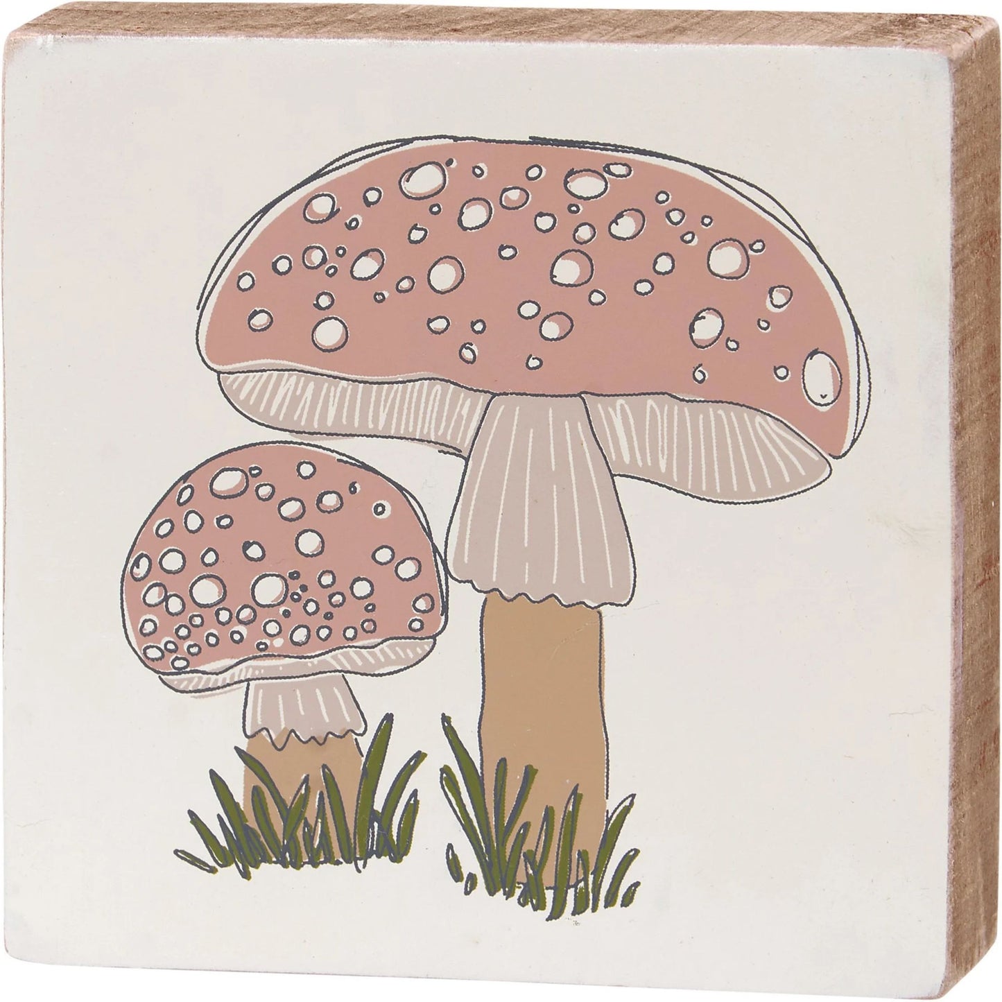 Wooden block decor with mushroom illustration