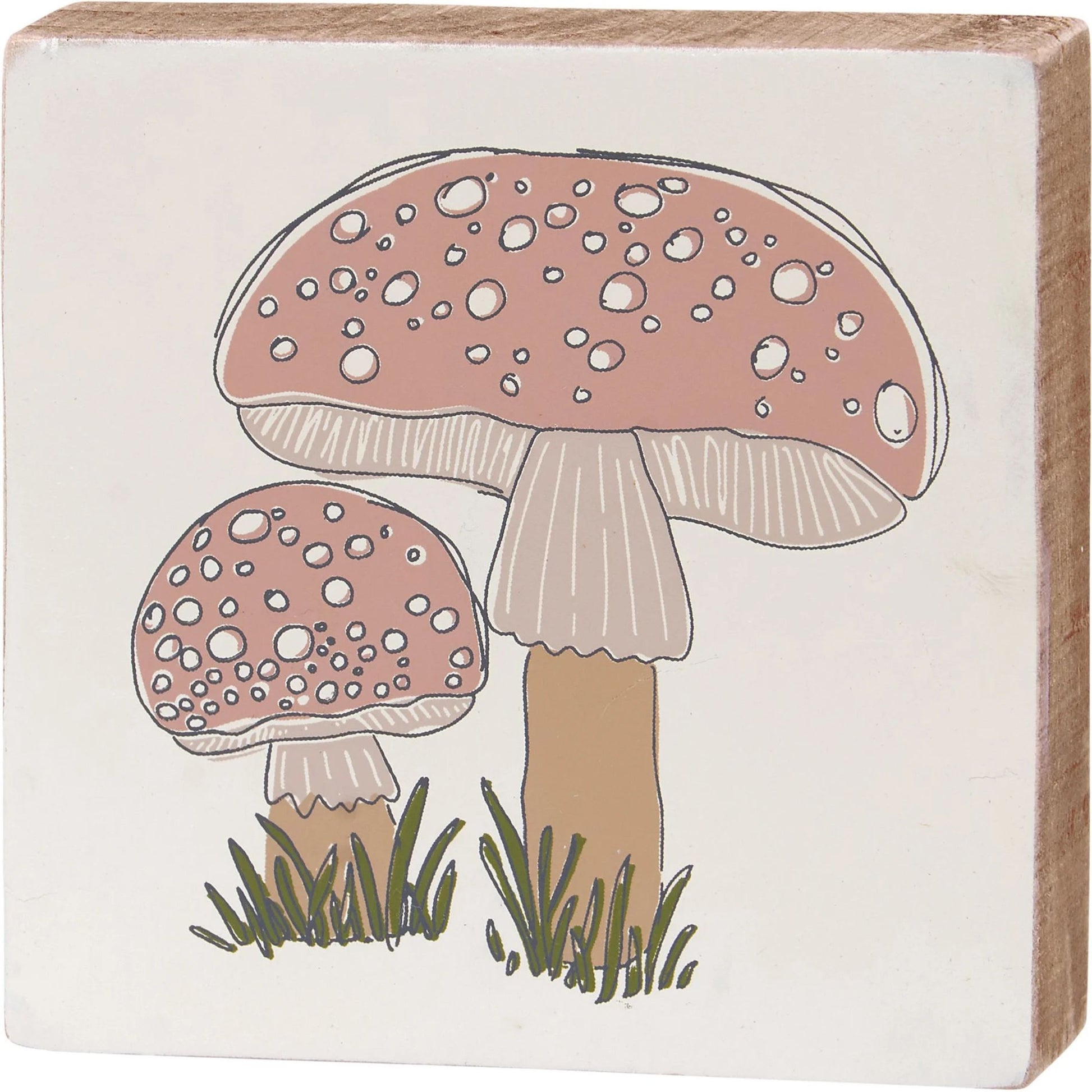 Wooden block decor with mushroom illustration
