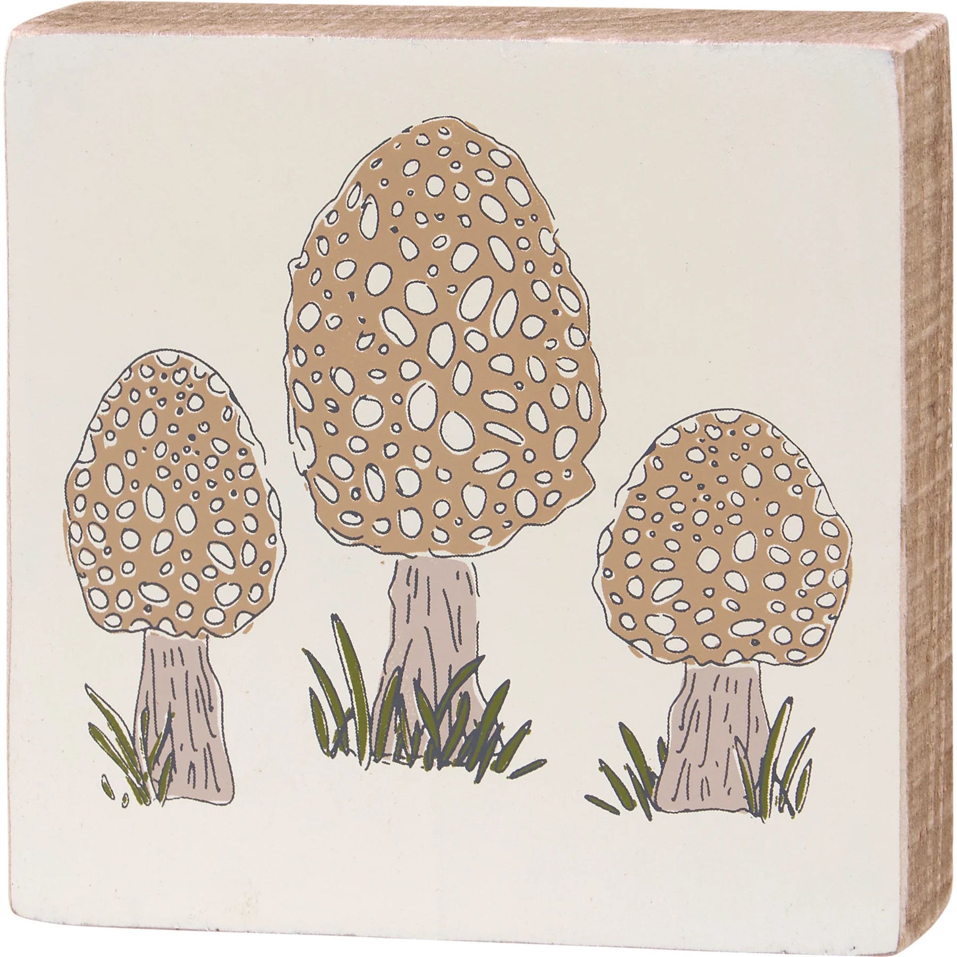 Wooden block with mushroom illustrations on a white background