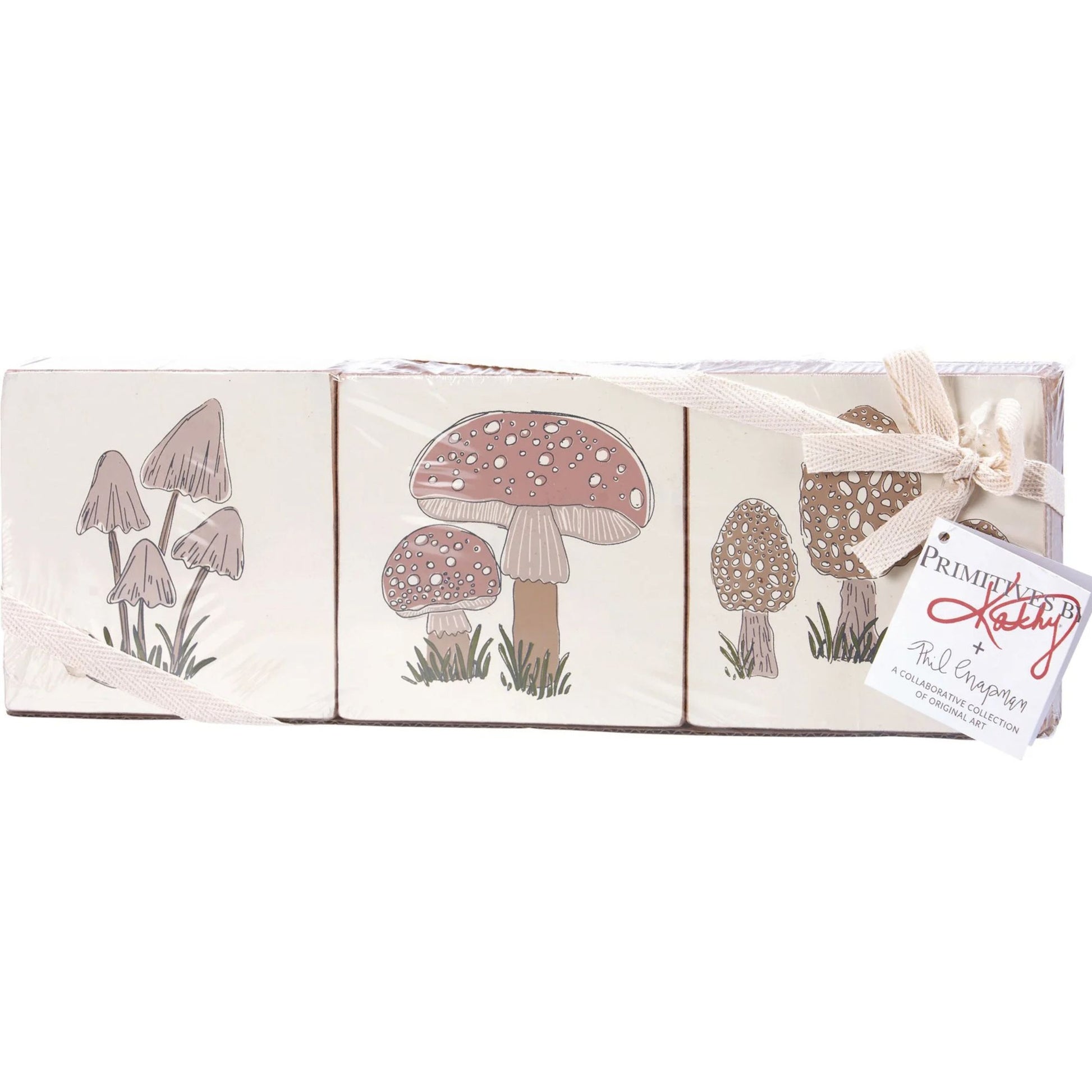 Set of three wooden block signs with mushroom illustrations