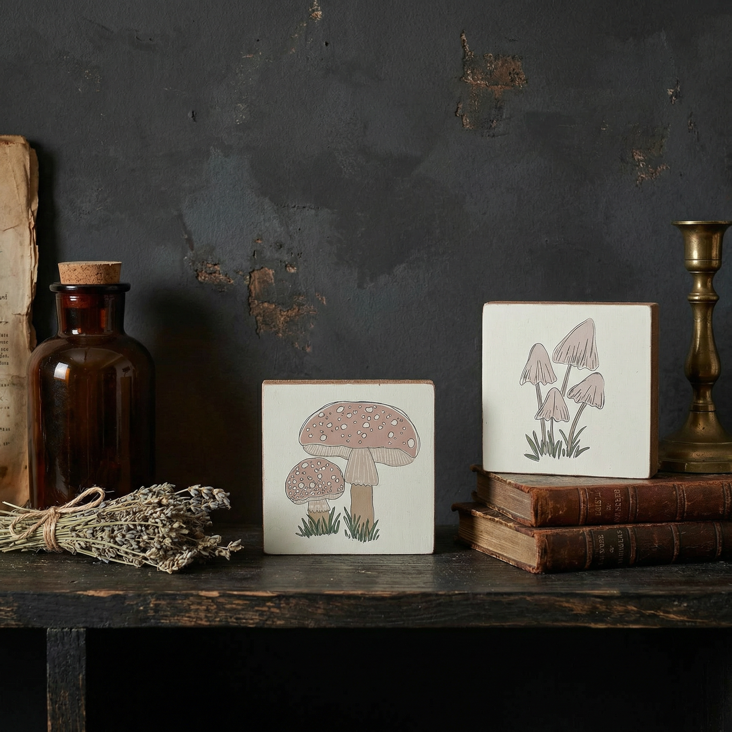 Mushroom Wooden Block Sign Set of 3 | Botanical Mushroom Decor