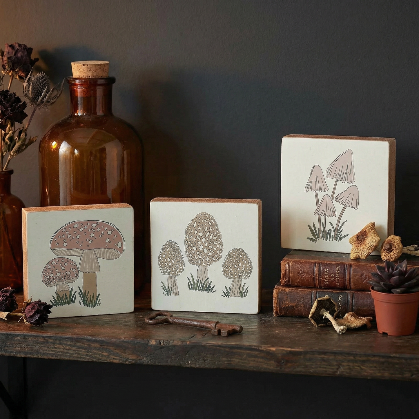 Mushroom Wooden Block Sign Set of 3 | Botanical Mushroom Decor