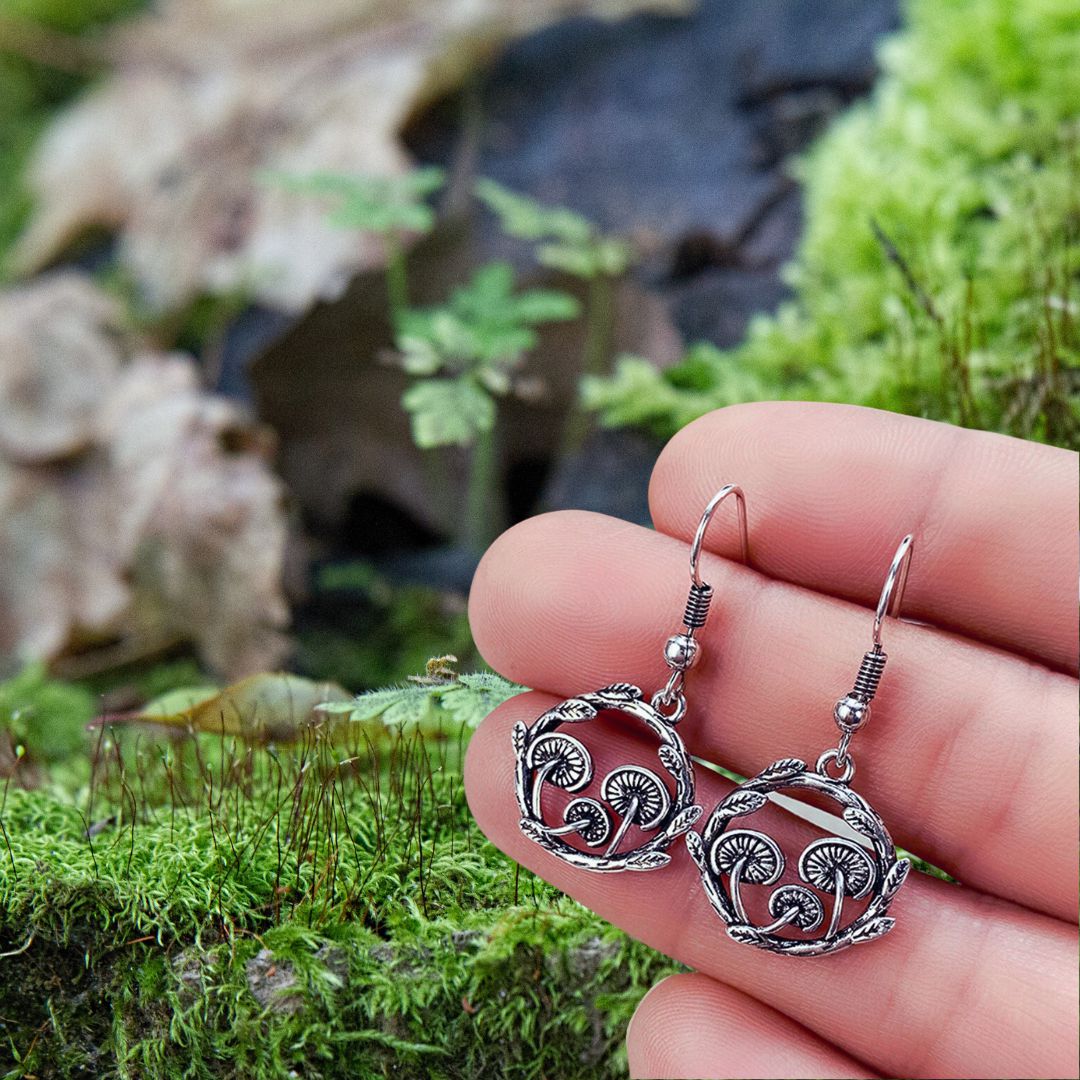 Mushroom Wreath Earrings | Toadstool Dangle Earrings in Antiqued Silver