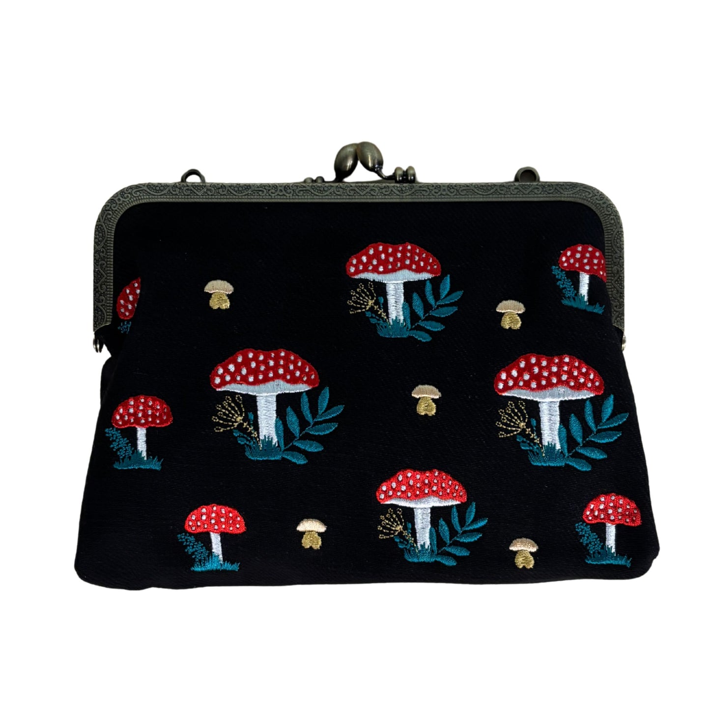 Mushrooms Kisslock Bag | Vintage Mushroom Purse with Detachable Straps in Black