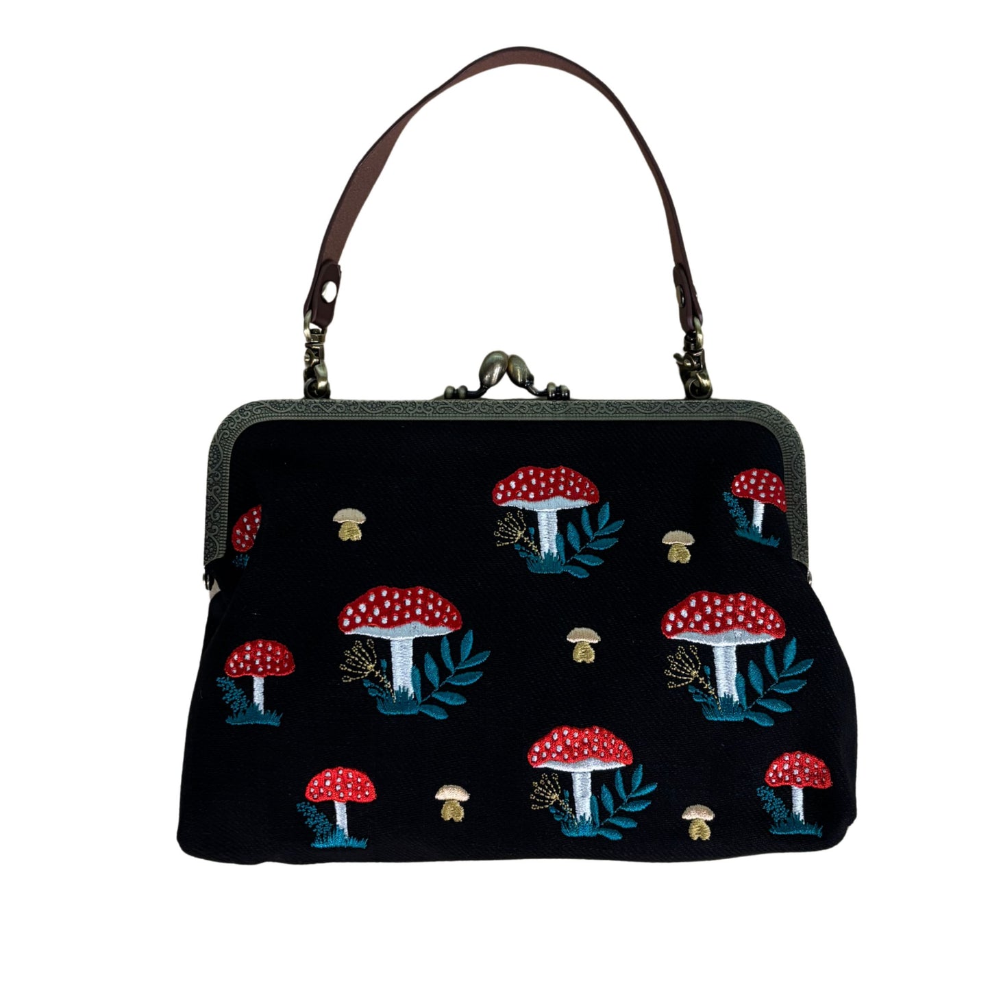 Mushrooms Kisslock Bag | Vintage Mushroom Purse with Detachable Straps in Black
