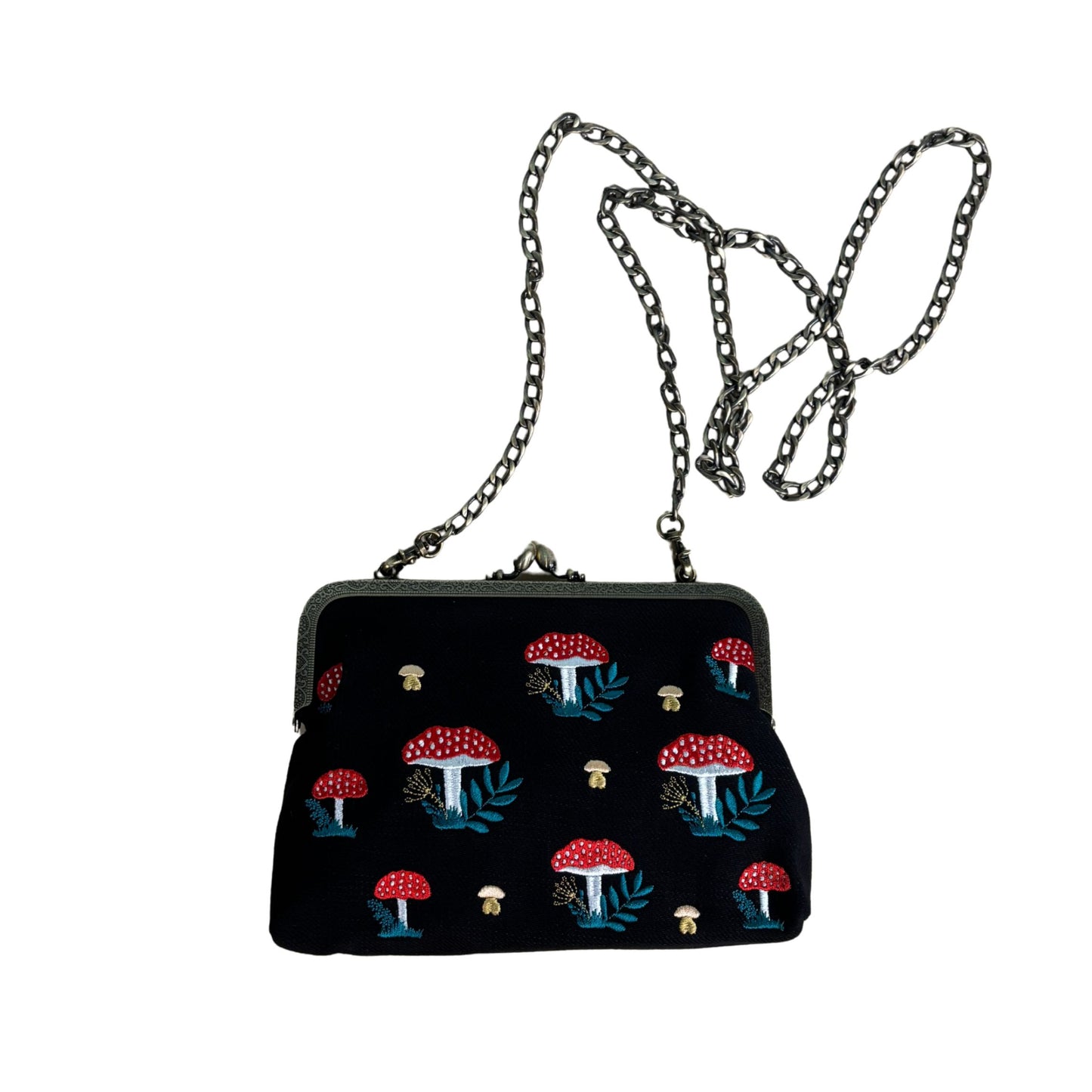 Mushrooms Kisslock Bag | Vintage Mushroom Purse with Detachable Straps in Black