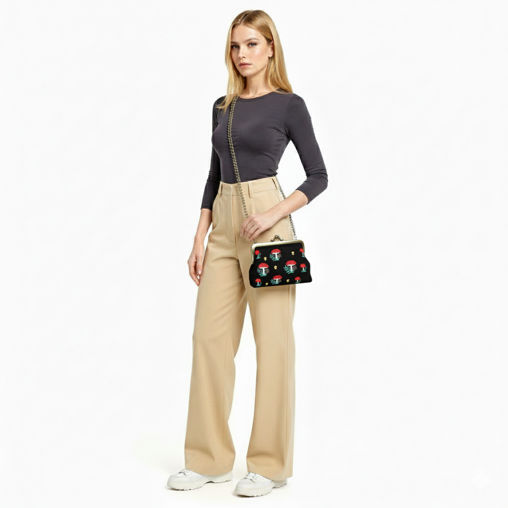 Mushrooms Kisslock Bag | Vintage Mushroom Purse with Detachable Straps in Black