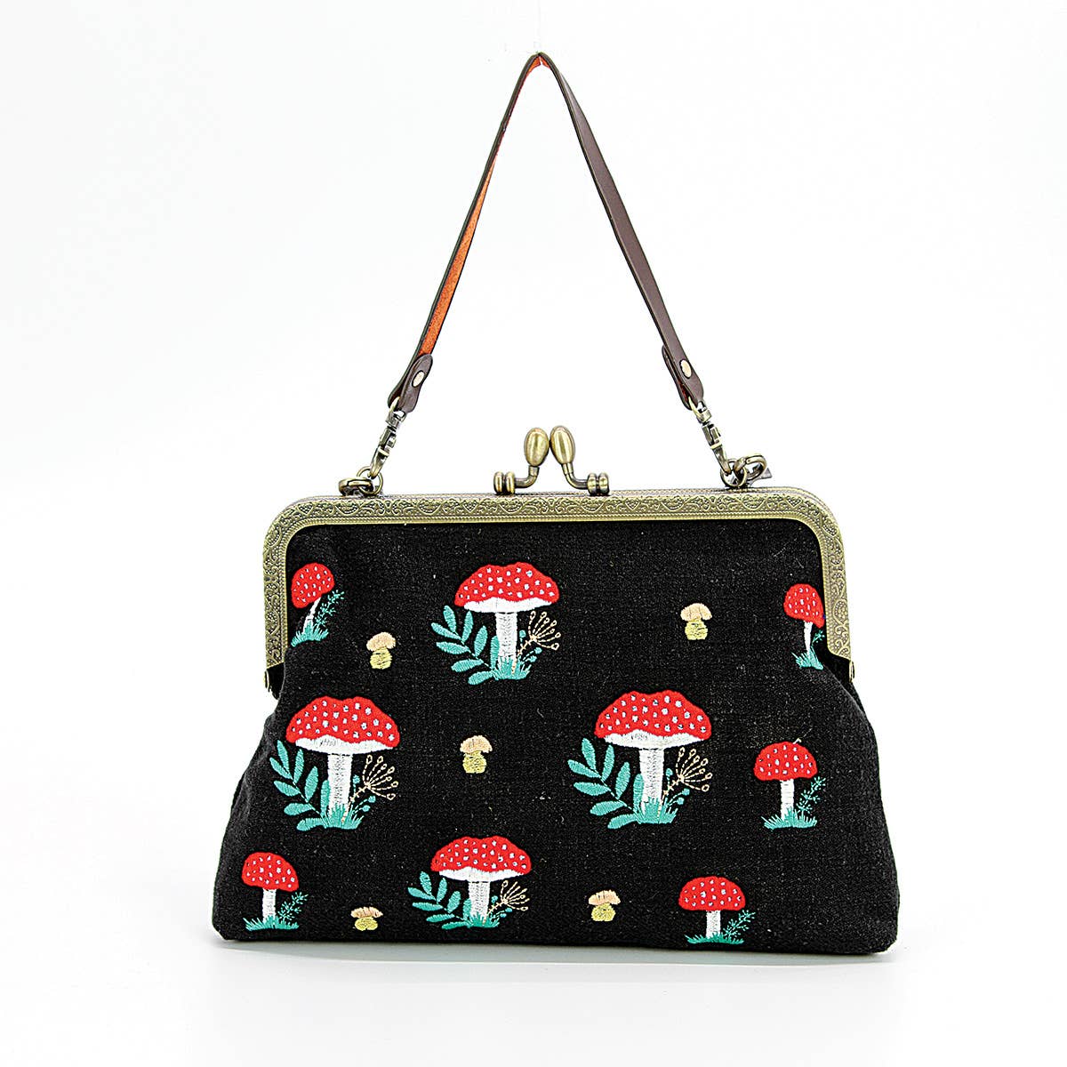 Mushrooms Kisslock Bag | Vintage Mushroom Purse with Detachable Straps in Black