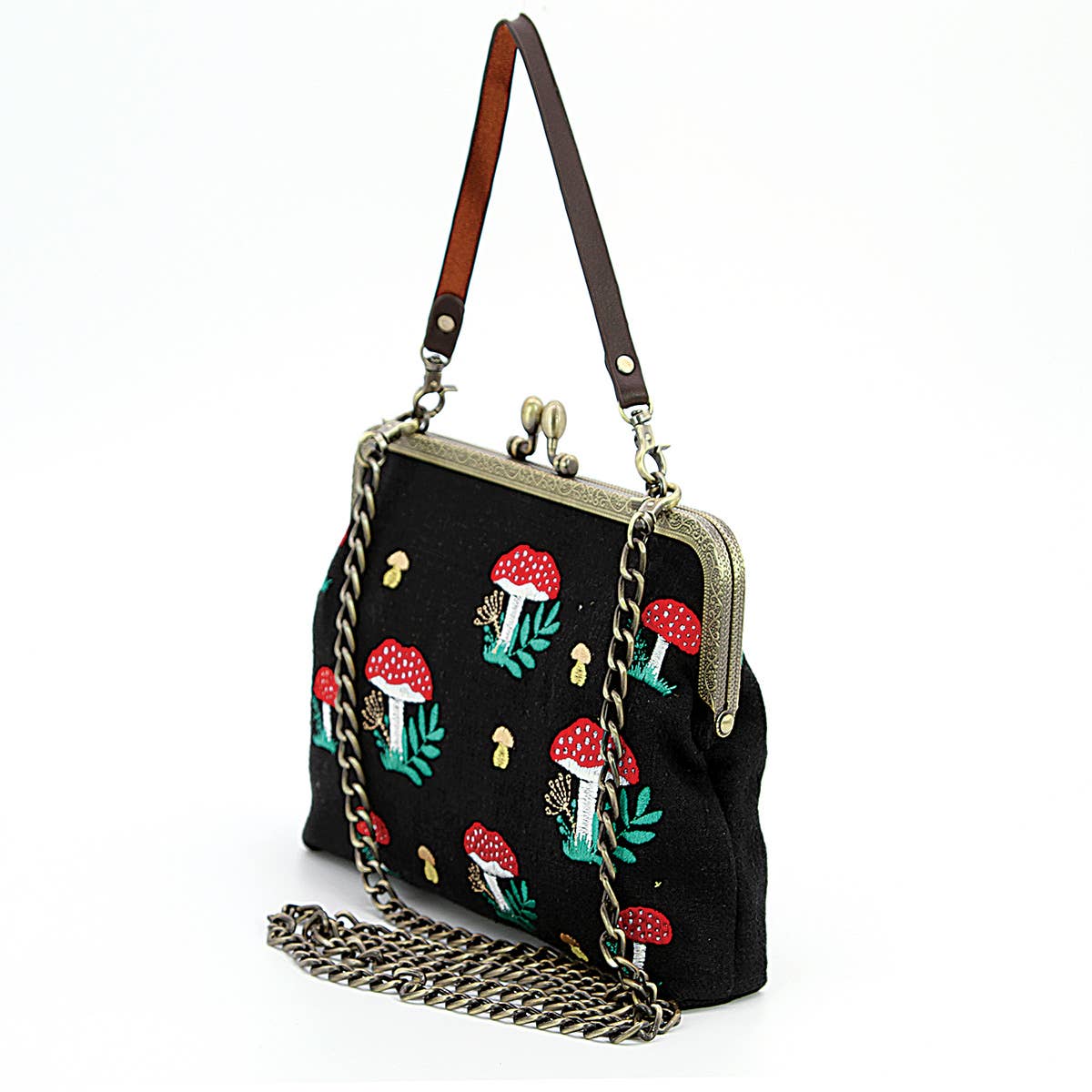 Mushrooms Kisslock Bag | Vintage Mushroom Purse with Detachable Straps in Black