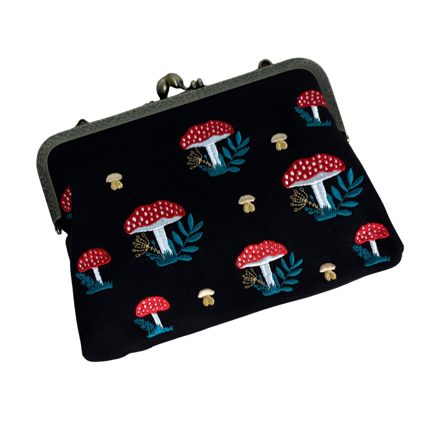 Mushrooms Kisslock Bag | Vintage Mushroom Purse with Detachable Straps in Black