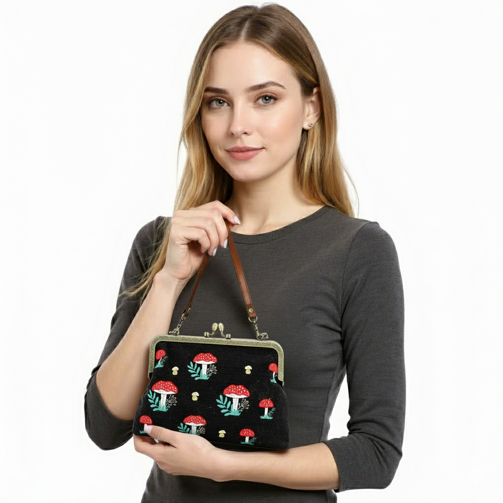 Mushrooms Kisslock Bag | Vintage Mushroom Purse with Detachable Straps in Black