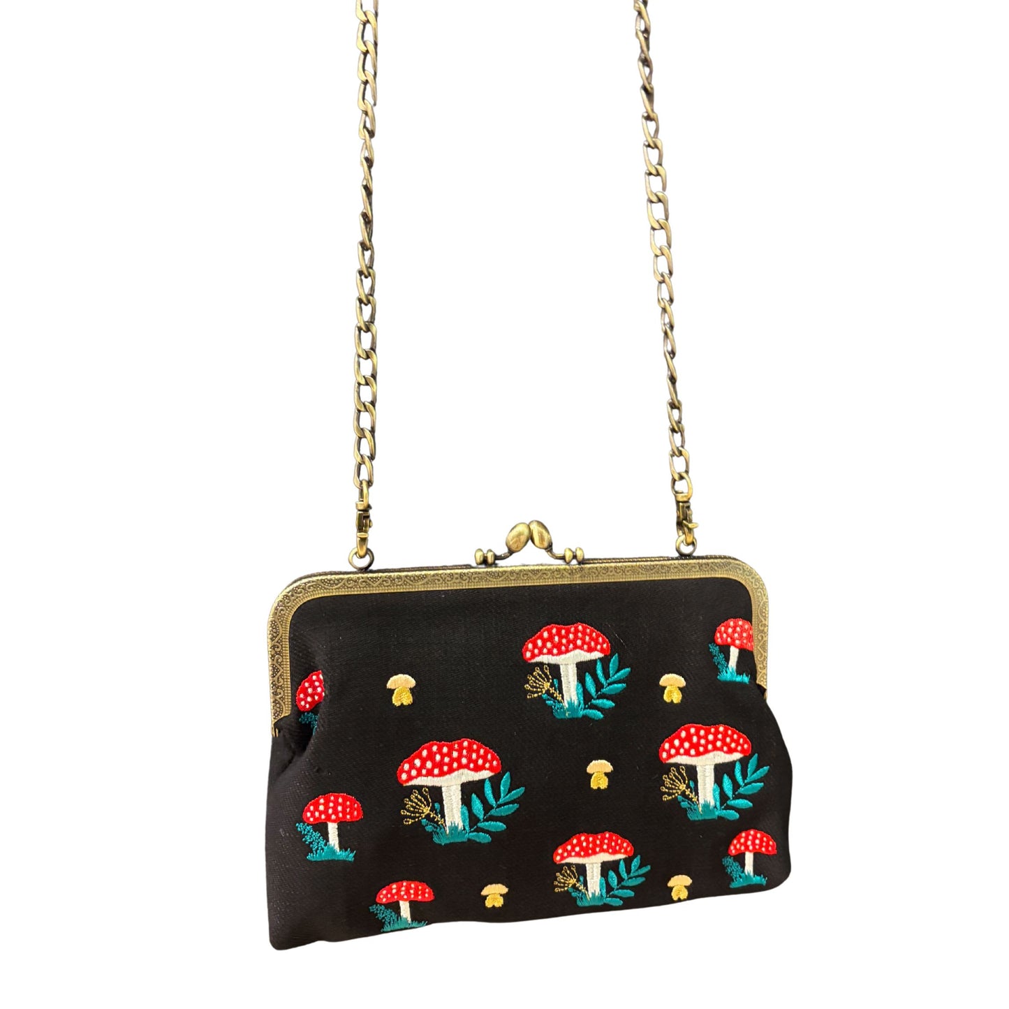 Mushrooms Kisslock Bag | Vintage Mushroom Purse with Detachable Straps in Black