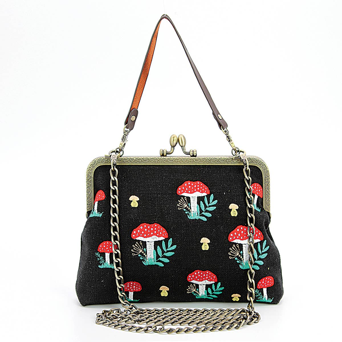 Mushrooms Kisslock Bag | Vintage Mushroom Purse with Detachable Straps in Black