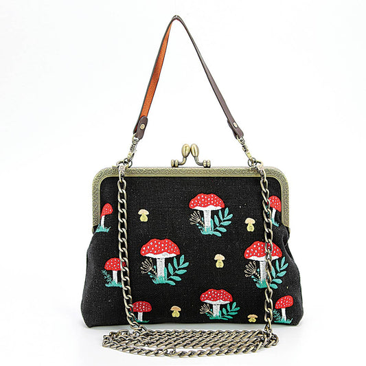 Mushrooms Kisslock Bag | Vintage Mushroom Purse with Detachable Straps in Black