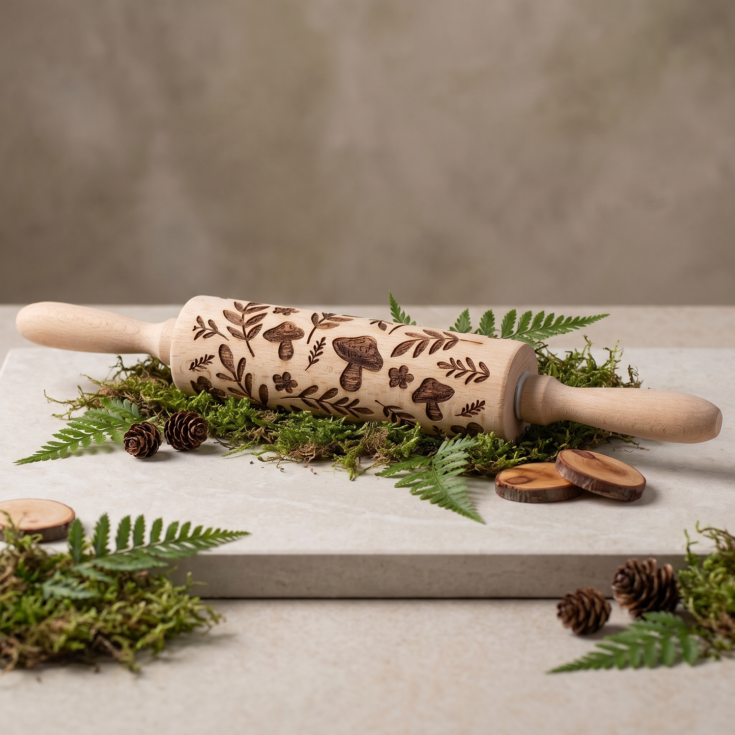 Mushrooms Small Embossing Rolling Pin | Creates Mushrooms and Florals Design