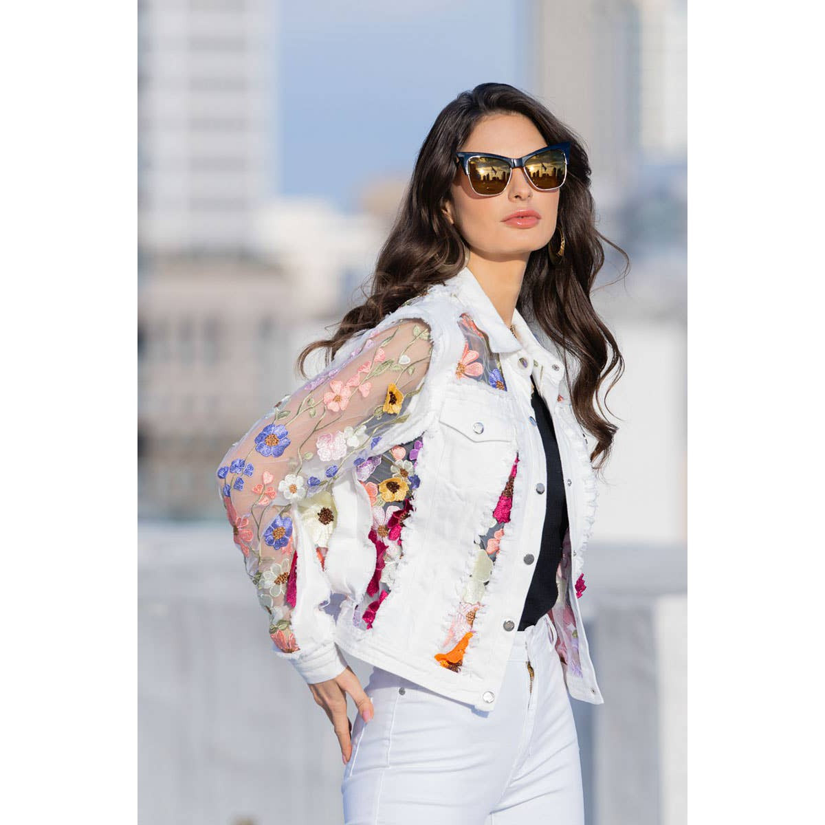 Music Video Goddess White Denim Jacket with Floral Embroidery | Flower Cropped Jean Jacket