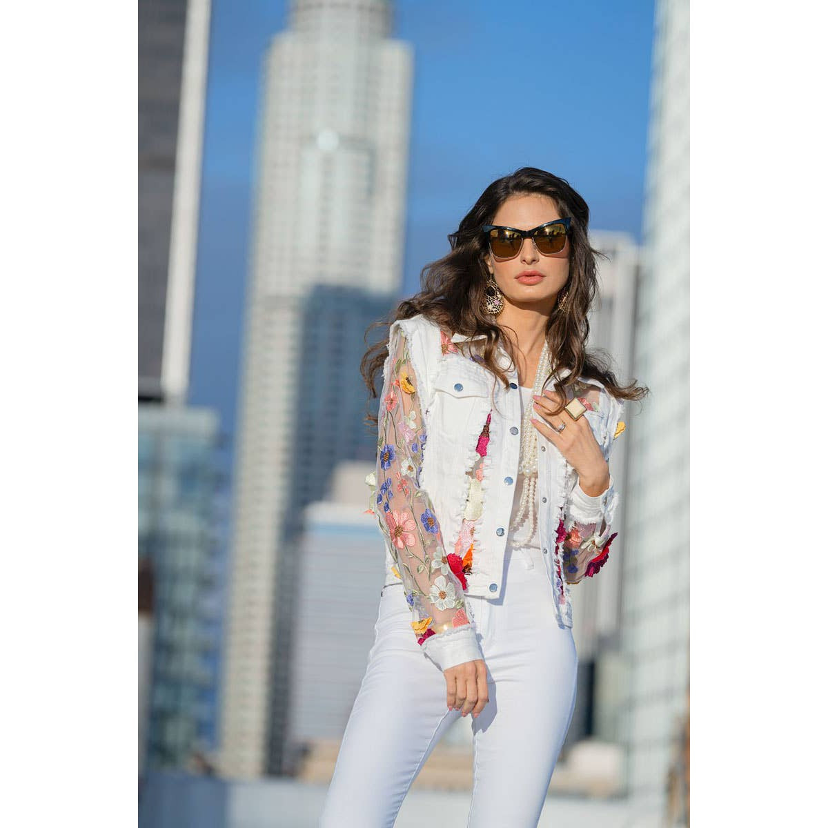 Music Video Goddess White Denim Jacket with Floral Embroidery | Flower Cropped Jean Jacket