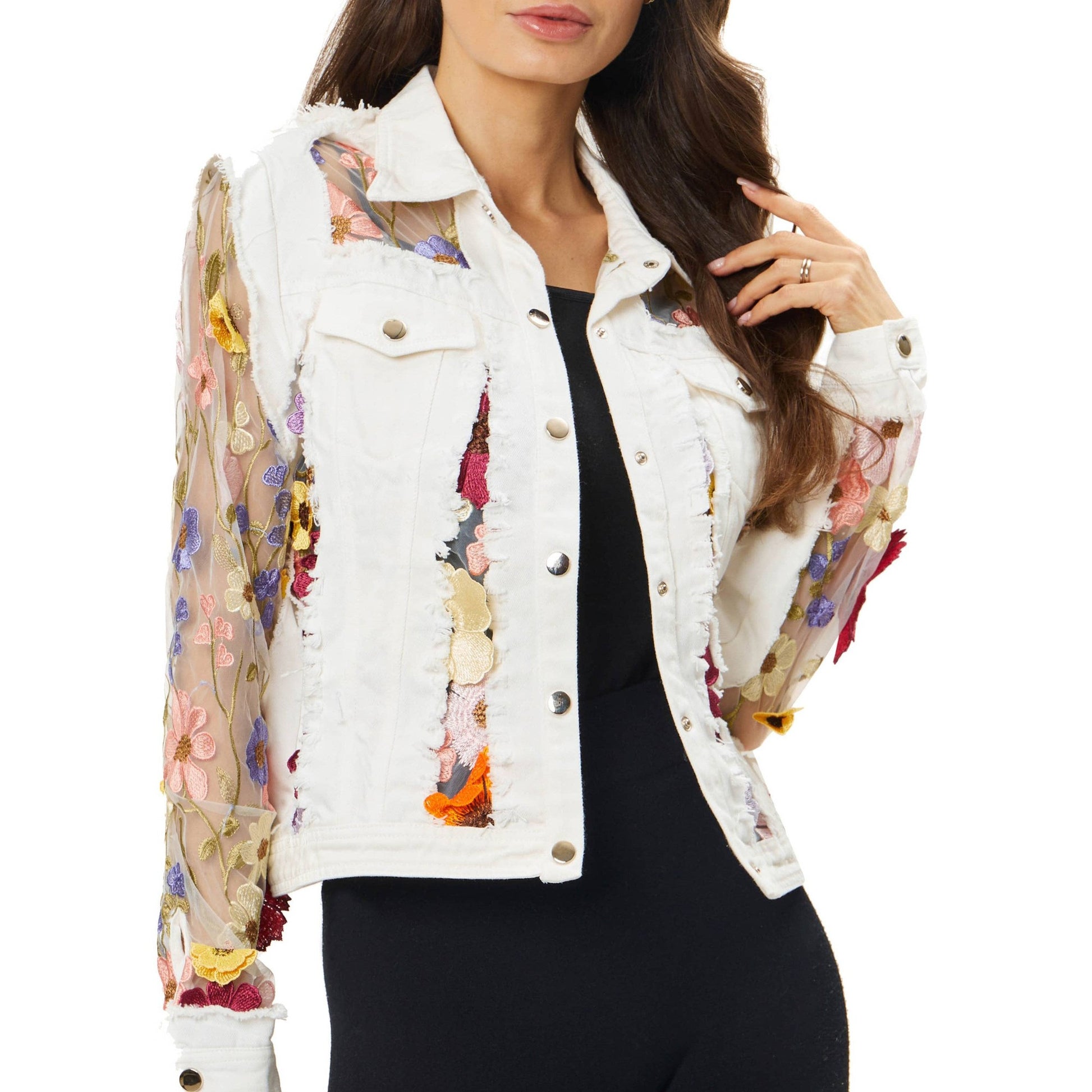 Music Video Goddess White Denim Jacket with Floral Embroidery | Flower Cropped Jean Jacket