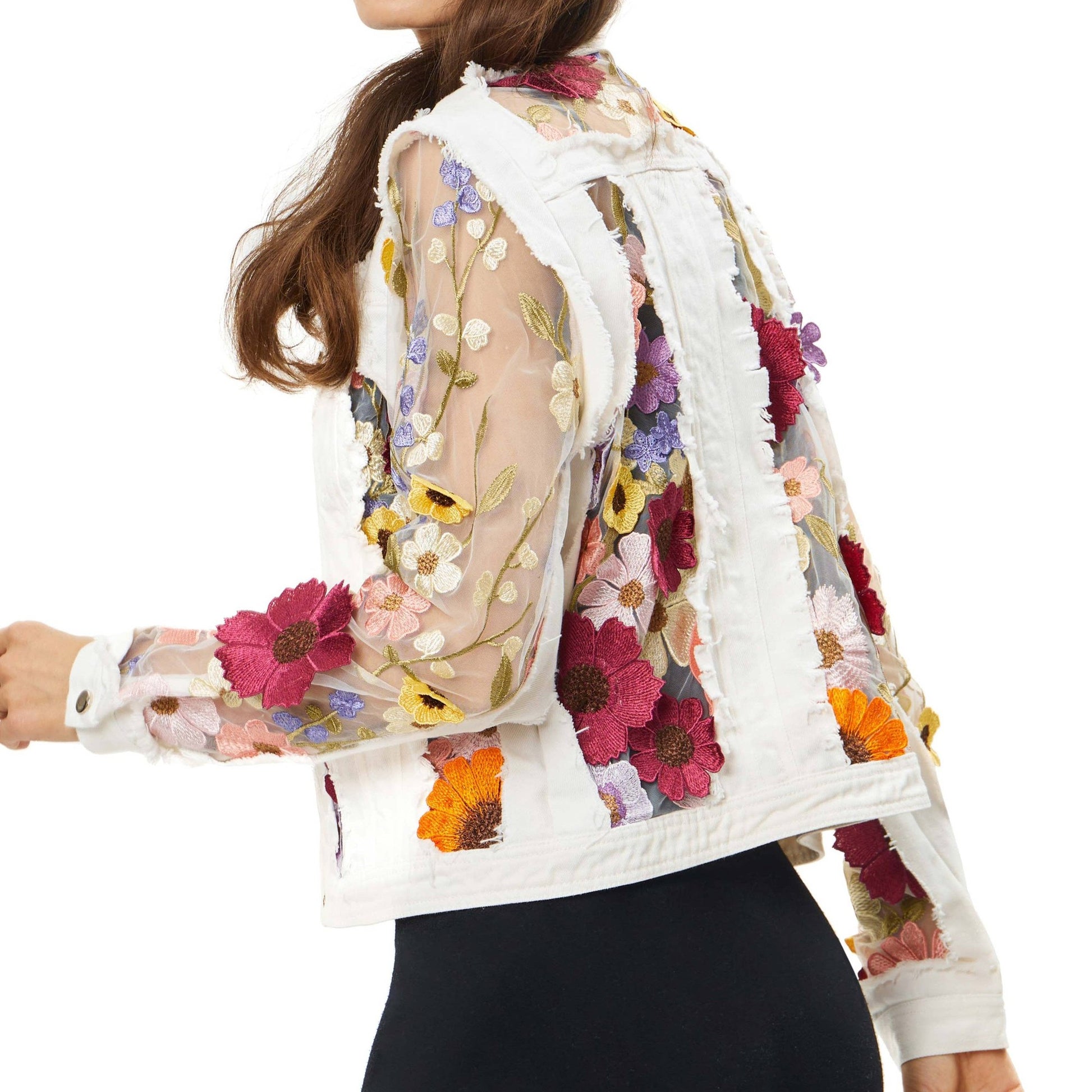 Music Video Goddess White Denim Jacket with Floral Embroidery | Flower Cropped Jean Jacket