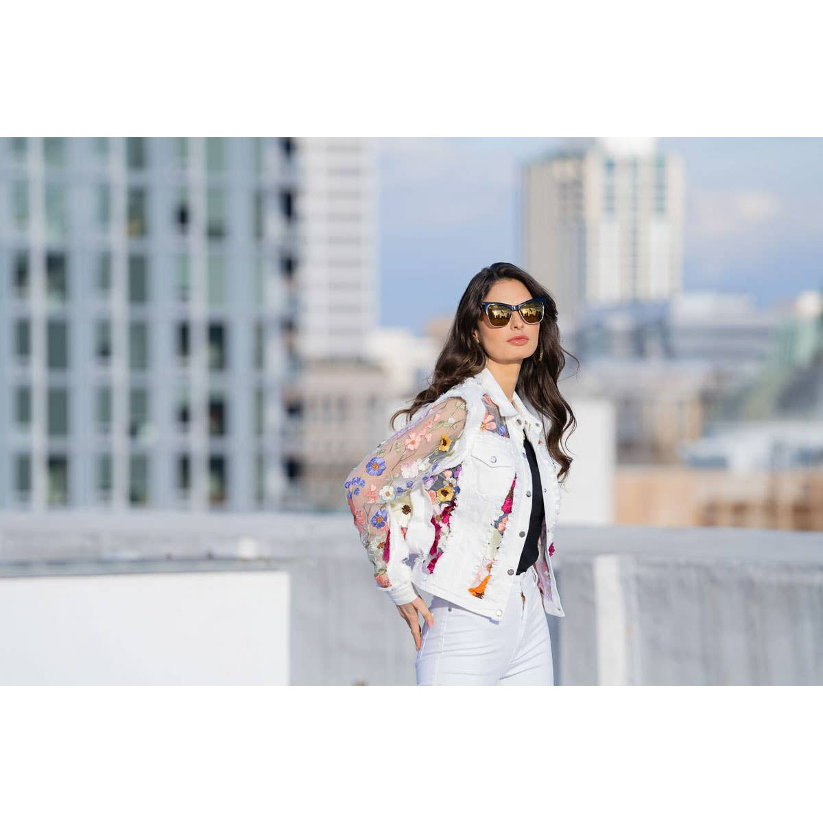 Music Video Goddess White Denim Jacket with Floral Embroidery | Flower Cropped Jean Jacket