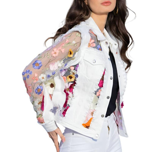 Music Video Goddess White Denim Jacket with Floral Embroidery | Flower Cropped Jean Jacket