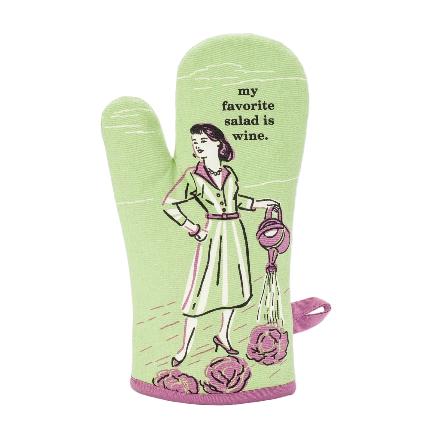 Green oven mitt with a design of a woman holding a watering can and text 'my favorite salad is wine.' on a white background.