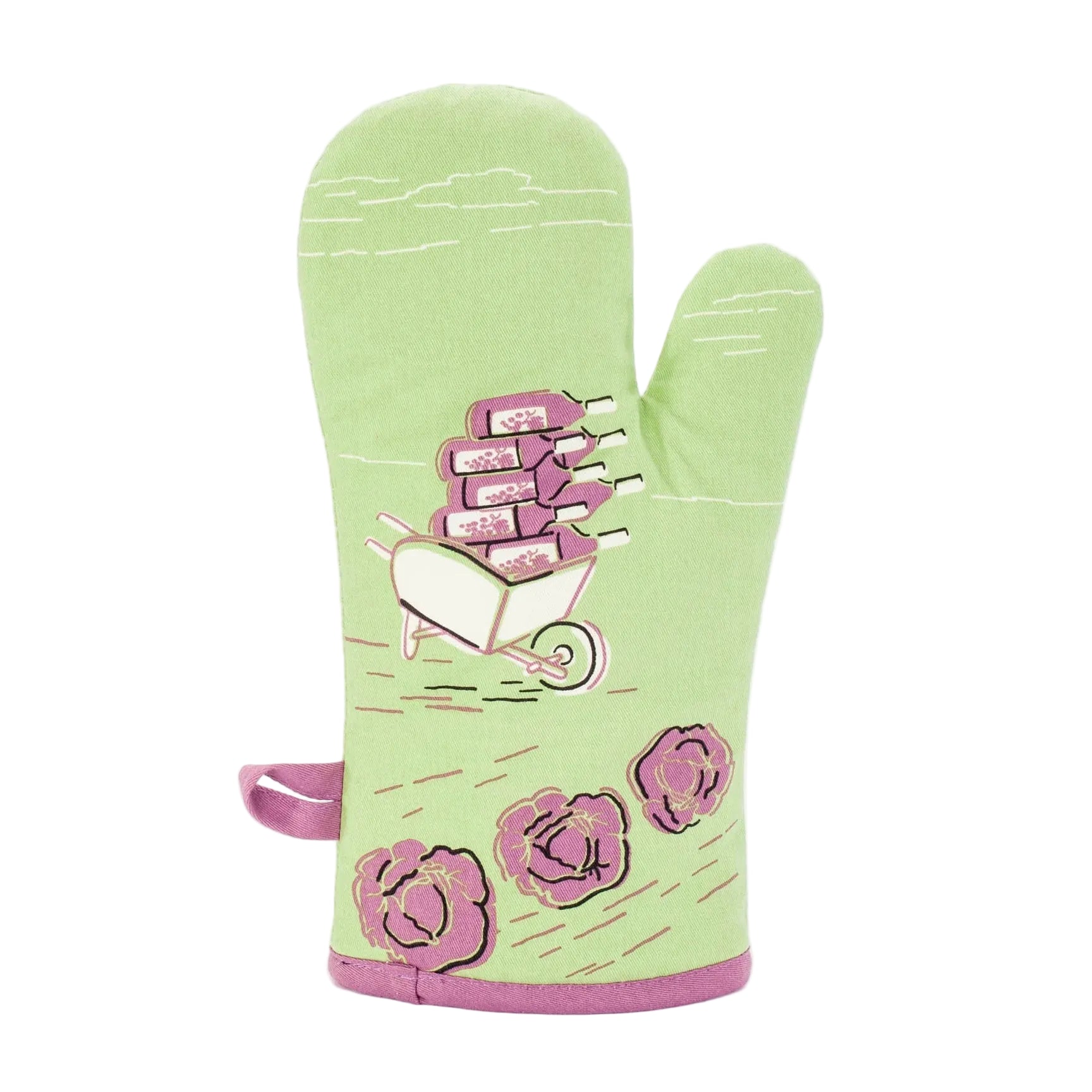 Green oven mitt with pink floral design on a white background