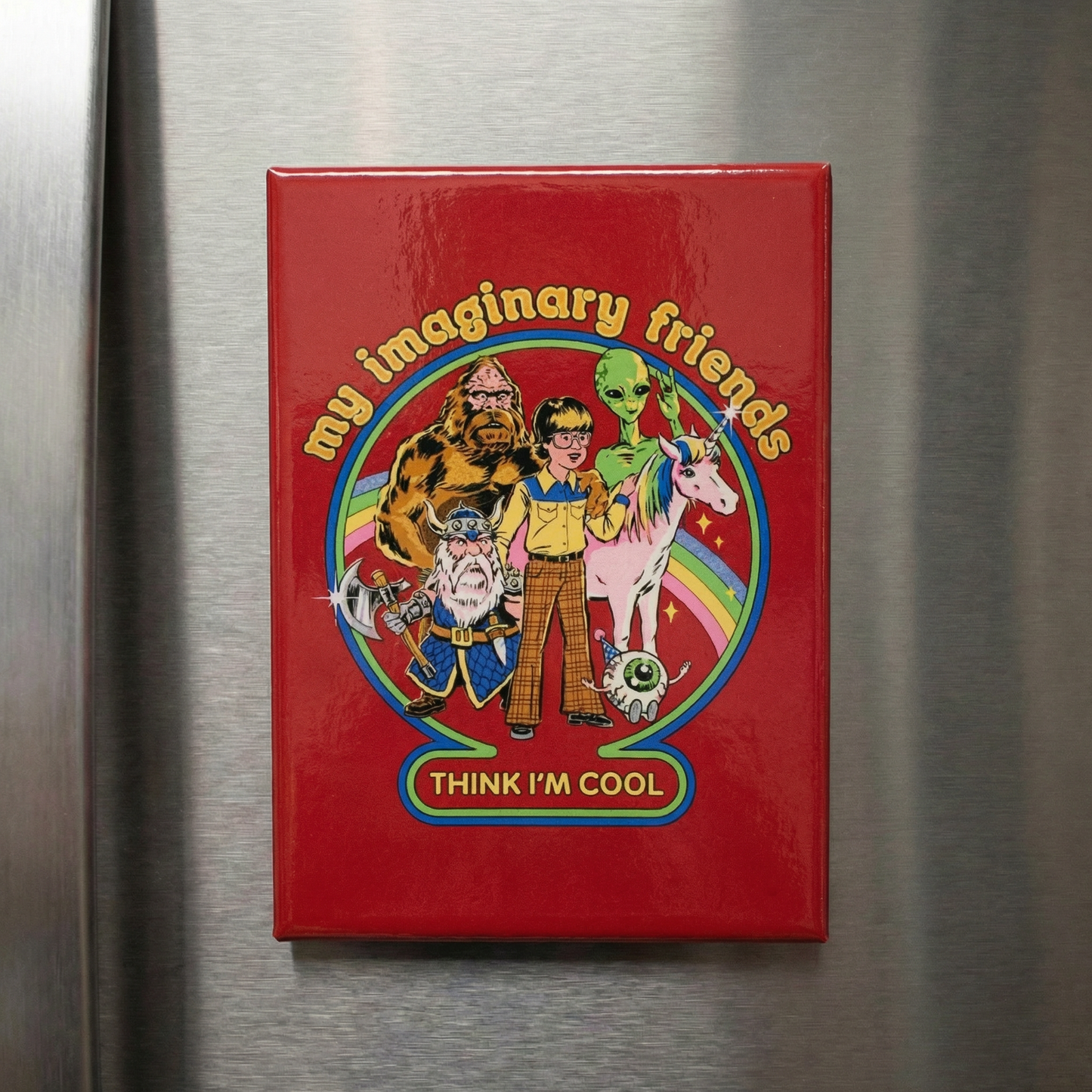 My Imaginary Friends Think I'm Cool Fridge Magnet | '80s Children's Book Style Satirical Art by Steven Rhodes