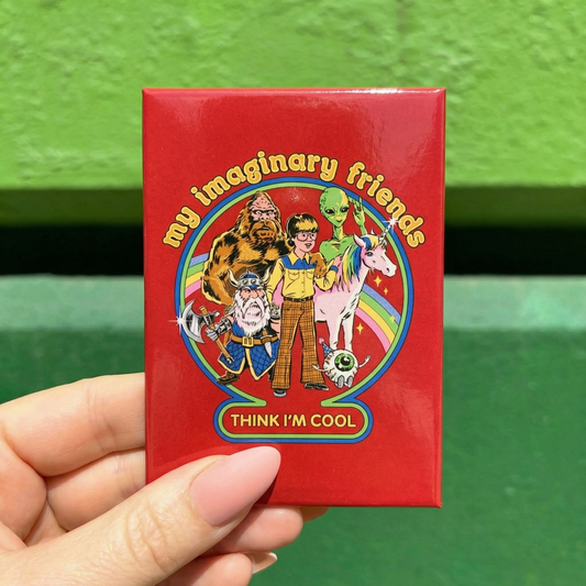 My Imaginary Friends Think I'm Cool Fridge Magnet | '80s Children's Book Style Satirical Art by Steven Rhodes