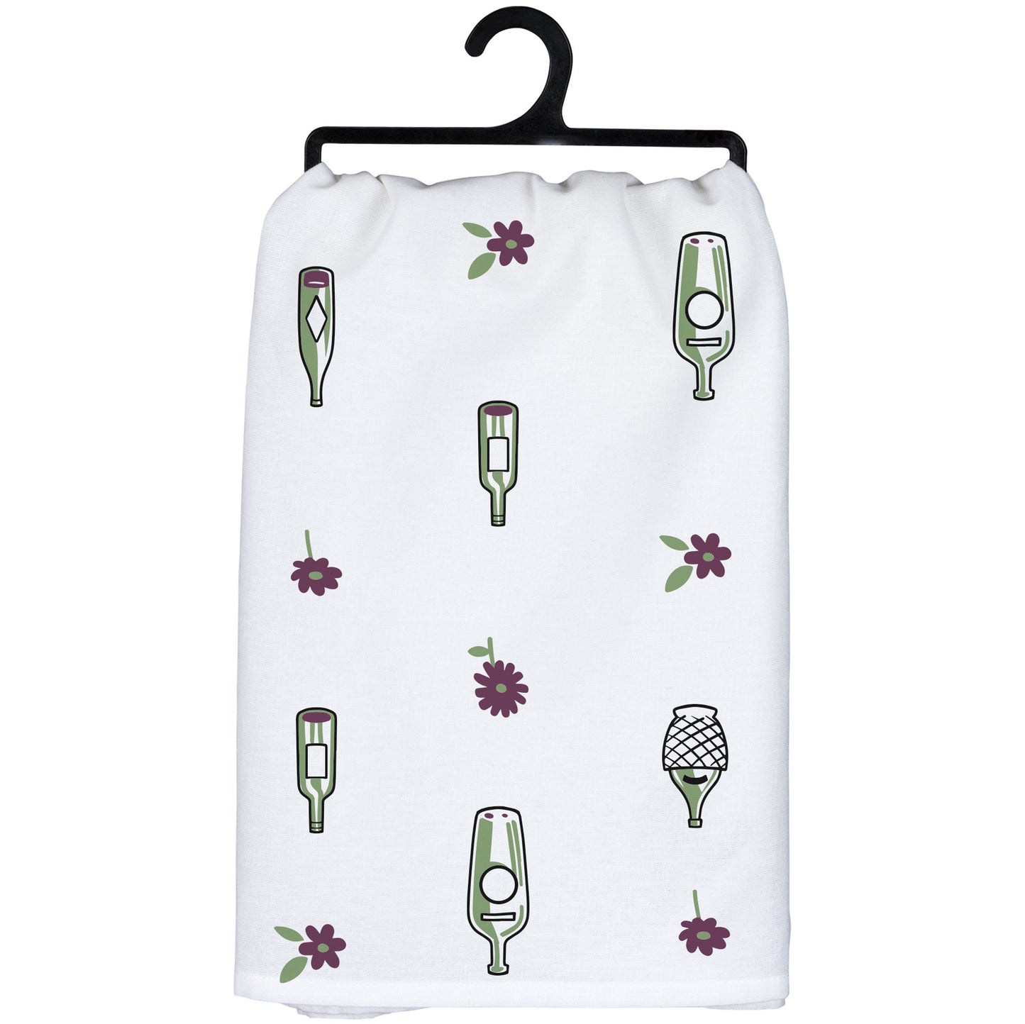 White towel with green and purple designs on a hanger against a white background