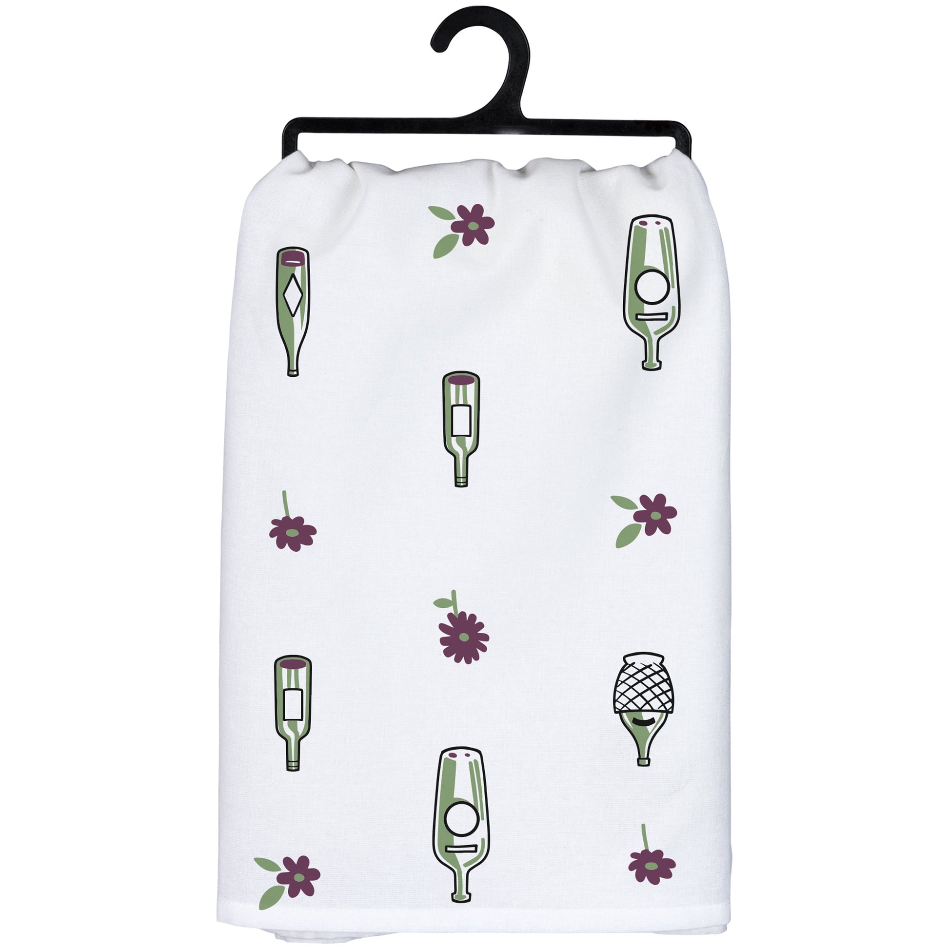 White towel with green and purple designs on a hanger against a white background