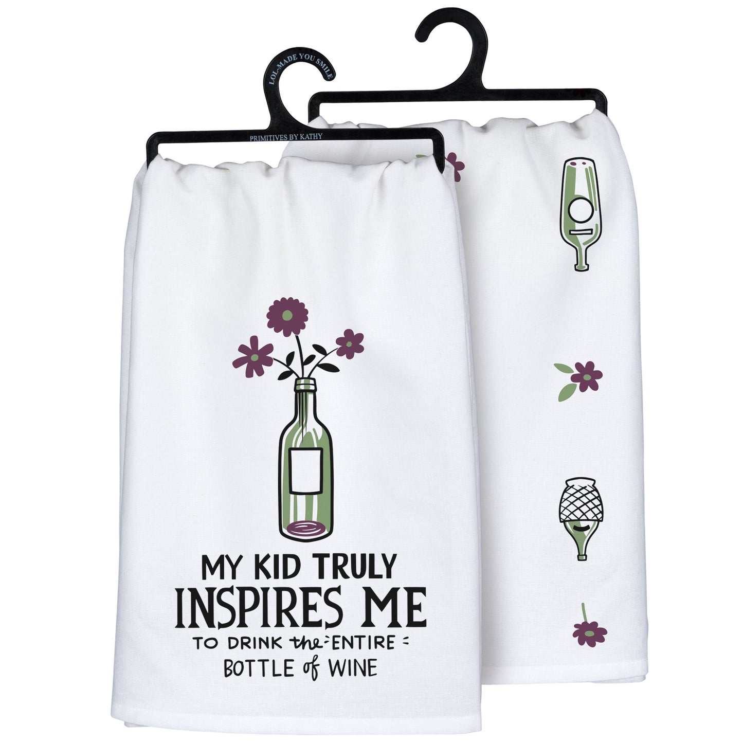 Two white towels with wine-themed designs and text on a hanger.