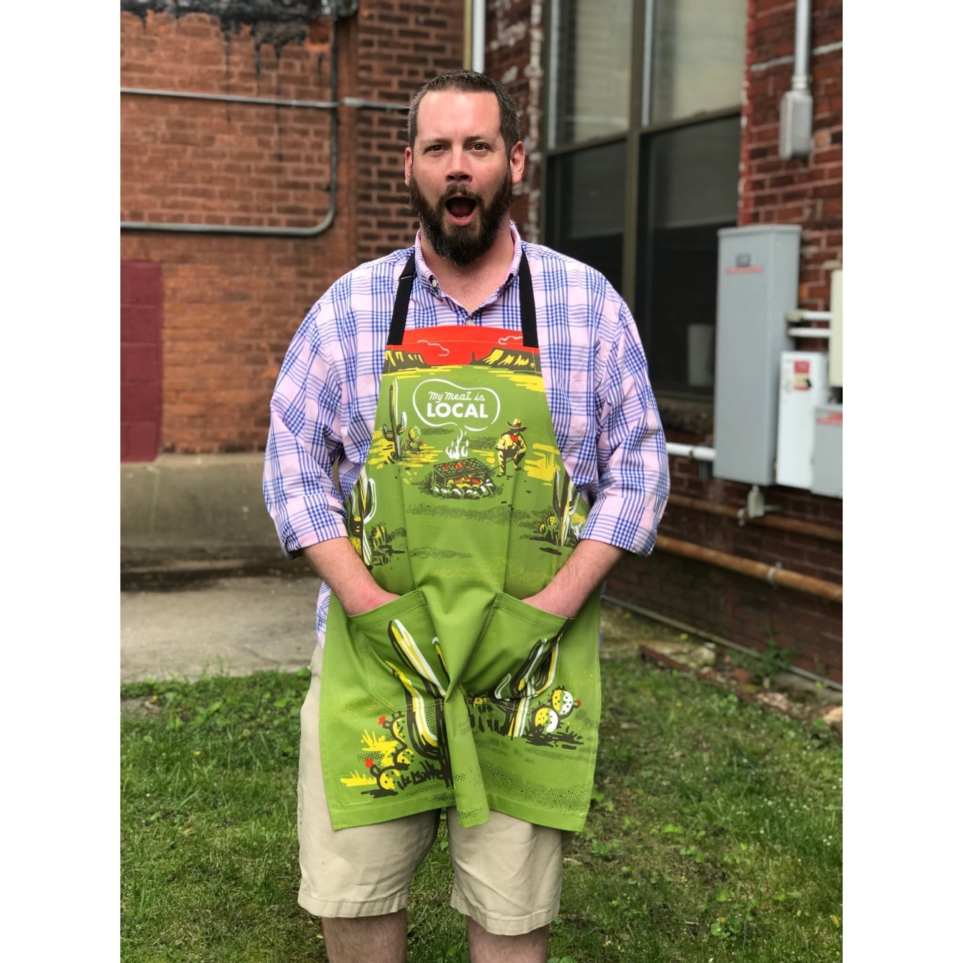 My Meat Is Local Funny Cooking and BBQ Apron Unisex 2 Pockets Adjustable Strap 100% Cotton | BlueQ at GetBullish