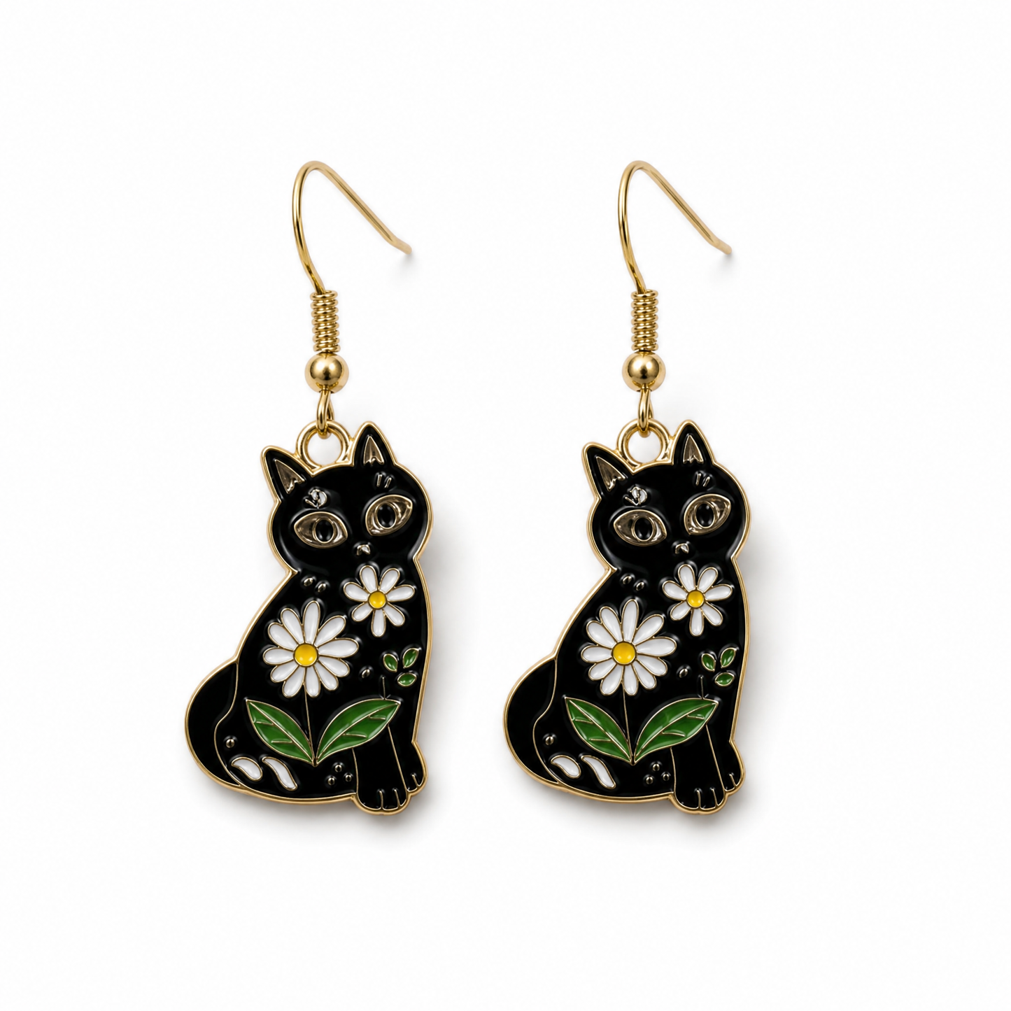 Mystic Floral Black Cat Earrings | Witchy Cat Dangle Earrings