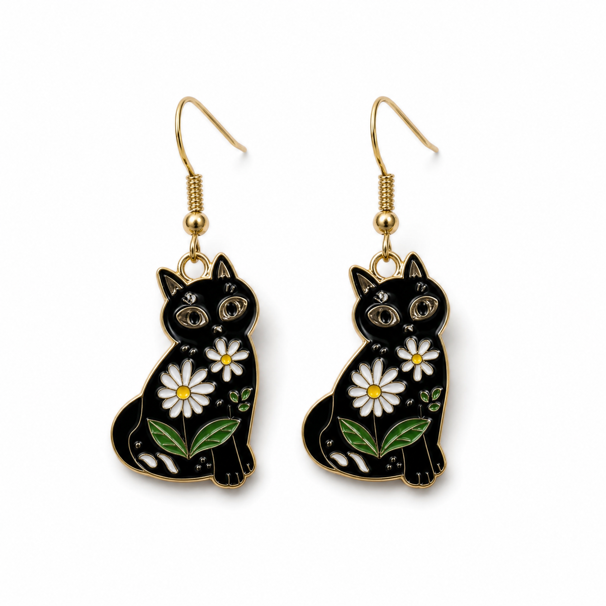 Mystic Floral Black Cat Earrings | Witchy Cat Dangle Earrings
