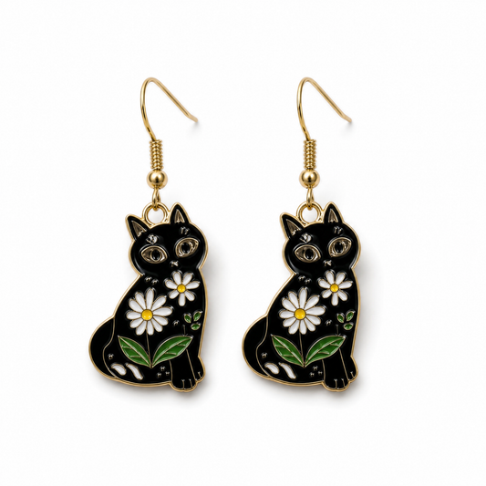 Mystic Floral Black Cat Earrings | Witchy Cat Dangle Earrings