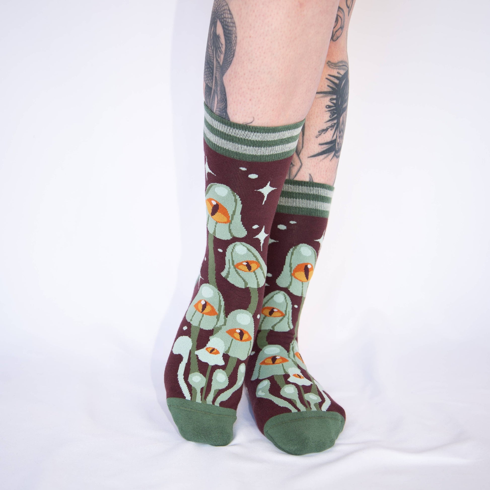 Mystic Mushrooms Crew Socks | Enchanted One-eyed Fungi Footwear
