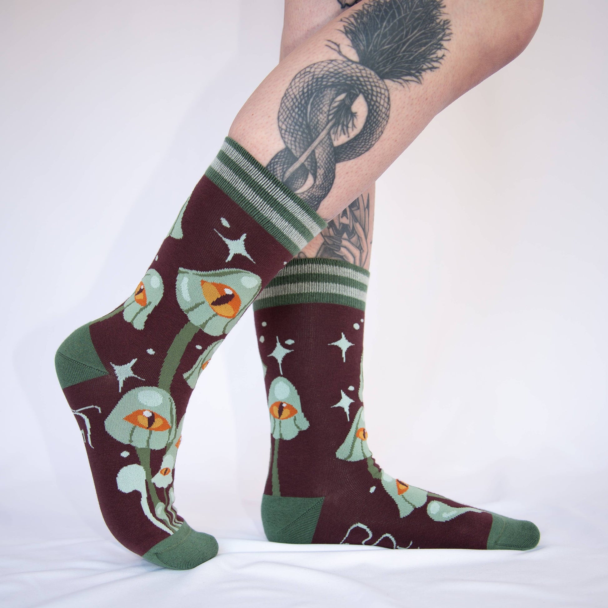 Mystic Mushrooms Crew Socks | Enchanted One-eyed Fungi Footwear