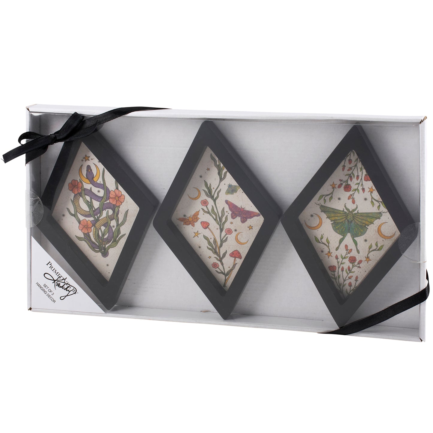 Three diamond-shaped decorative decor in a box with a black ribbon