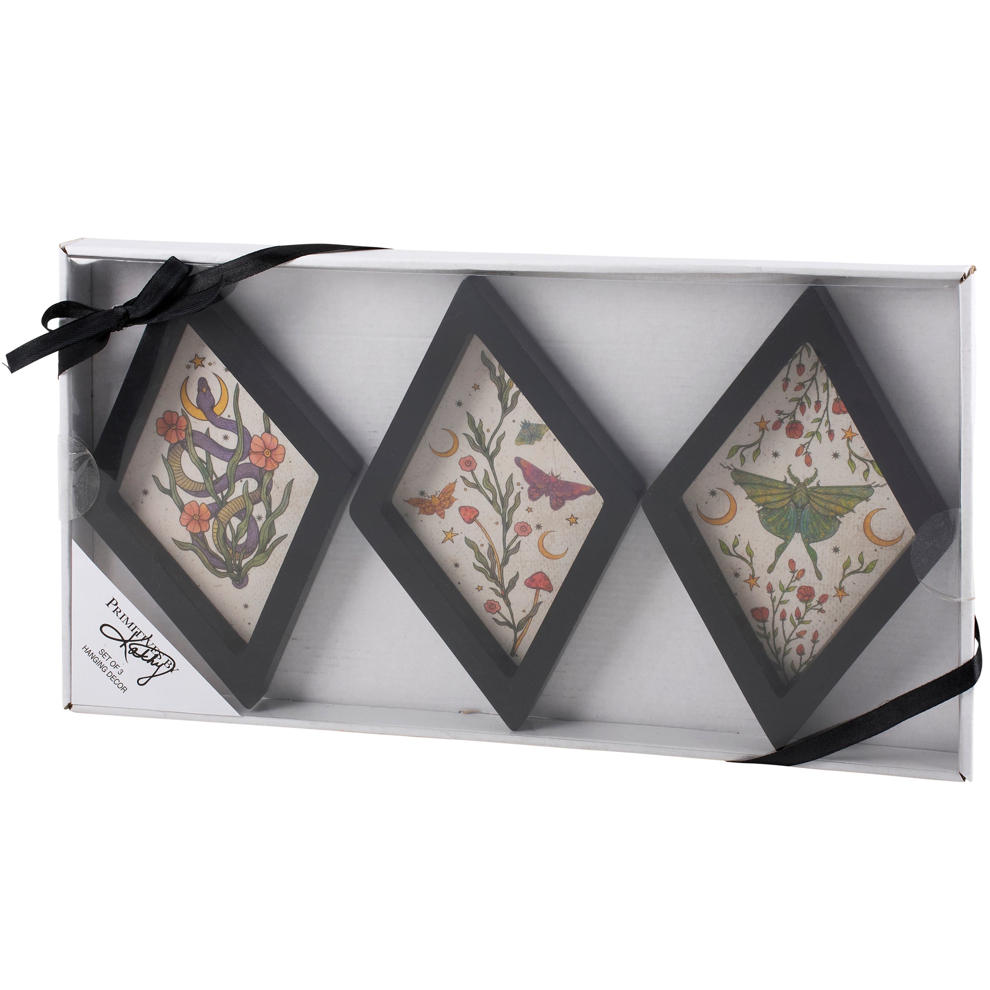 Three diamond-shaped decorative decor in a box with a black ribbon