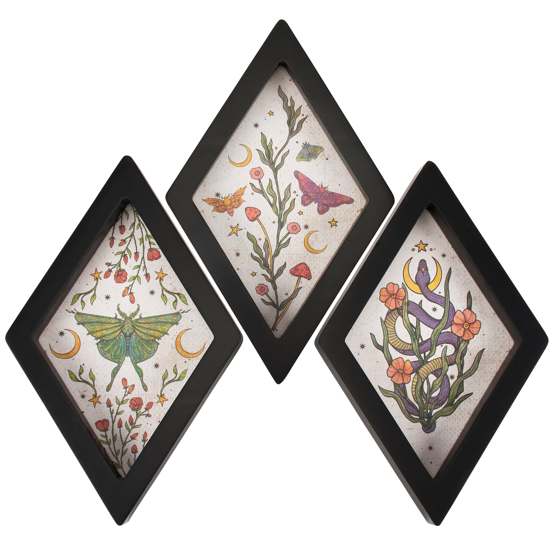 Three diamond-shaped framed artworks with nature-themed designs on a white background