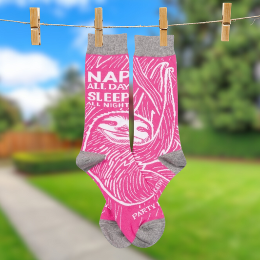 Nap All Day, Sleep All Night, Party Never Sloth Pink Funny Novelty Socks
