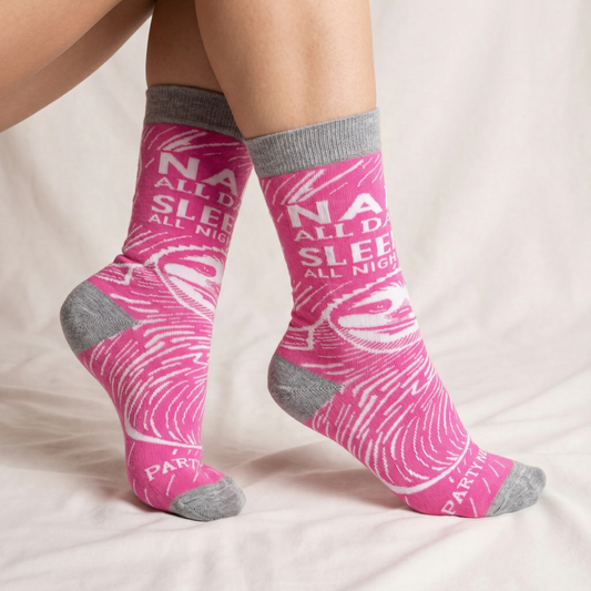 Nap All Day, Sleep All Night, Party Never Sloth Pink Funny Novelty Socks