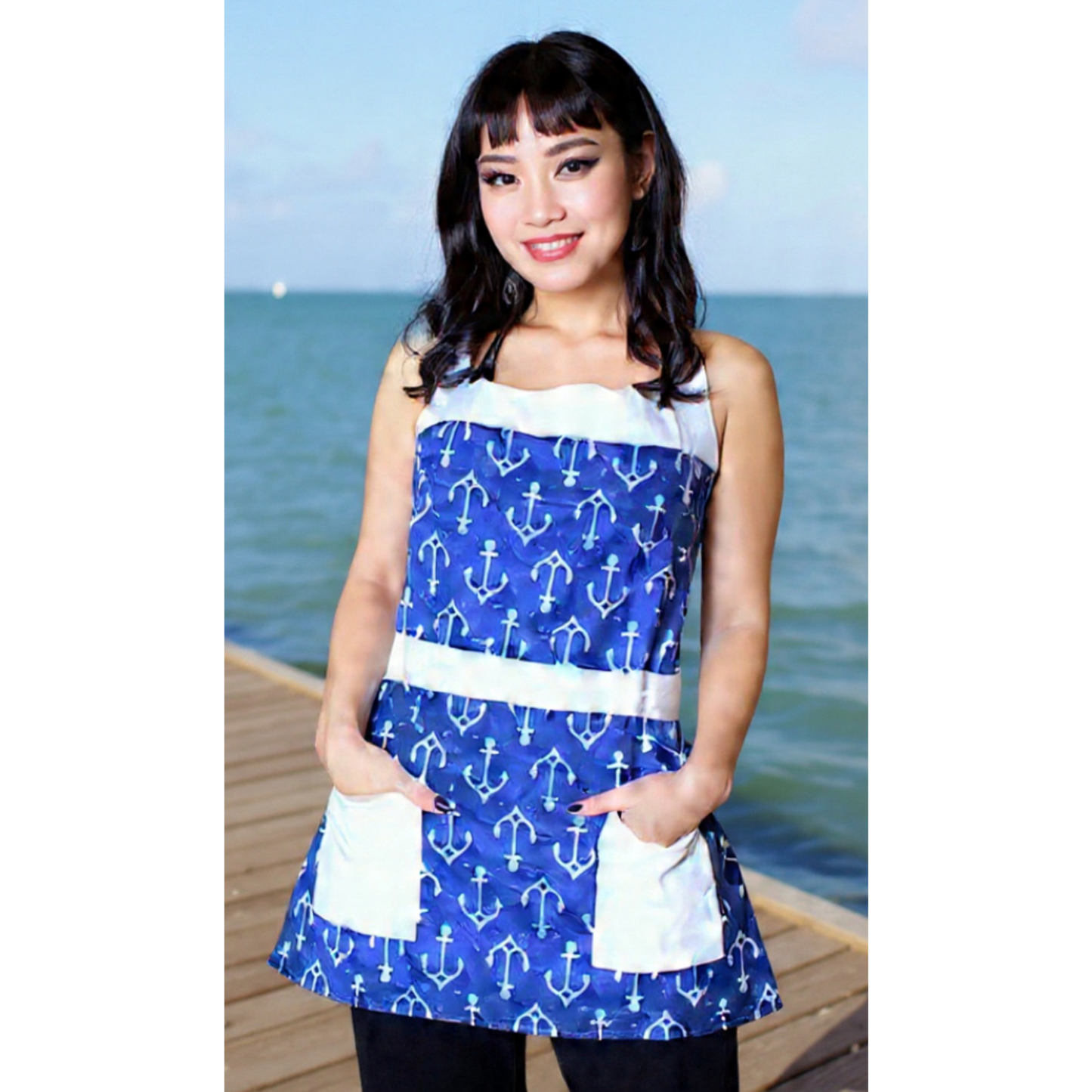 Nautical Anchor Apron for Women | Blue Sailor Apron Cooking and Baking Kitchen Gift