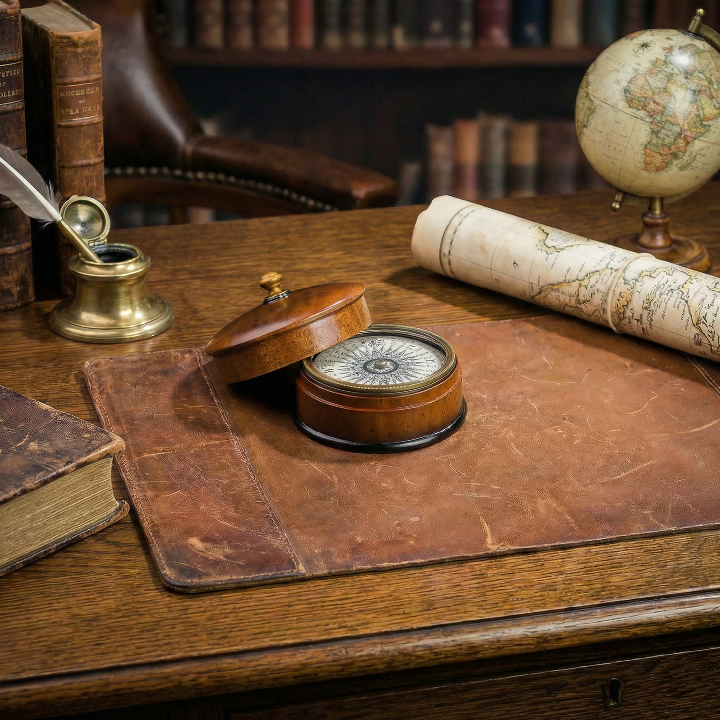 Nautical Dry Compass with Wooden Lid | Vintage Maritime Desk Compass