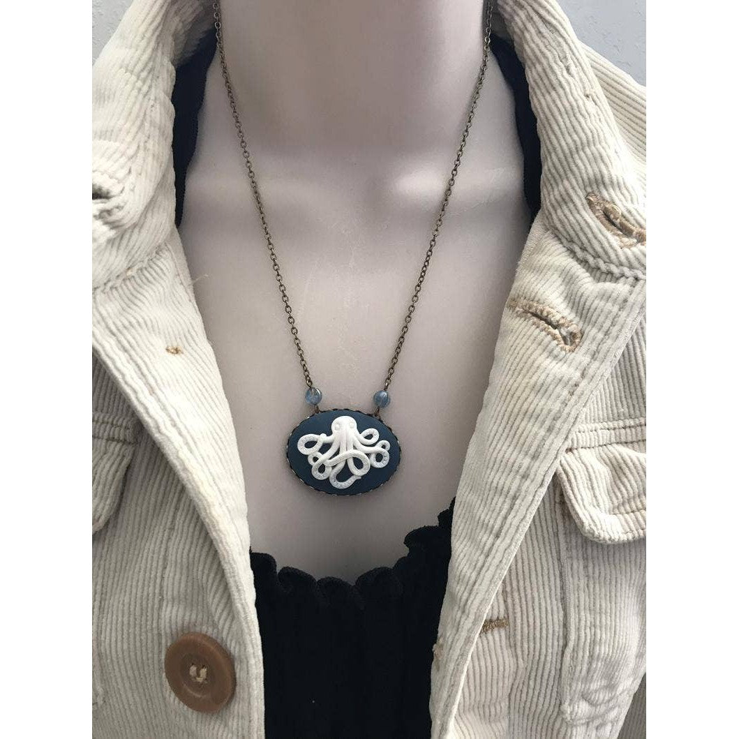 Navy Blue Cameo Pendant Octopus Necklace