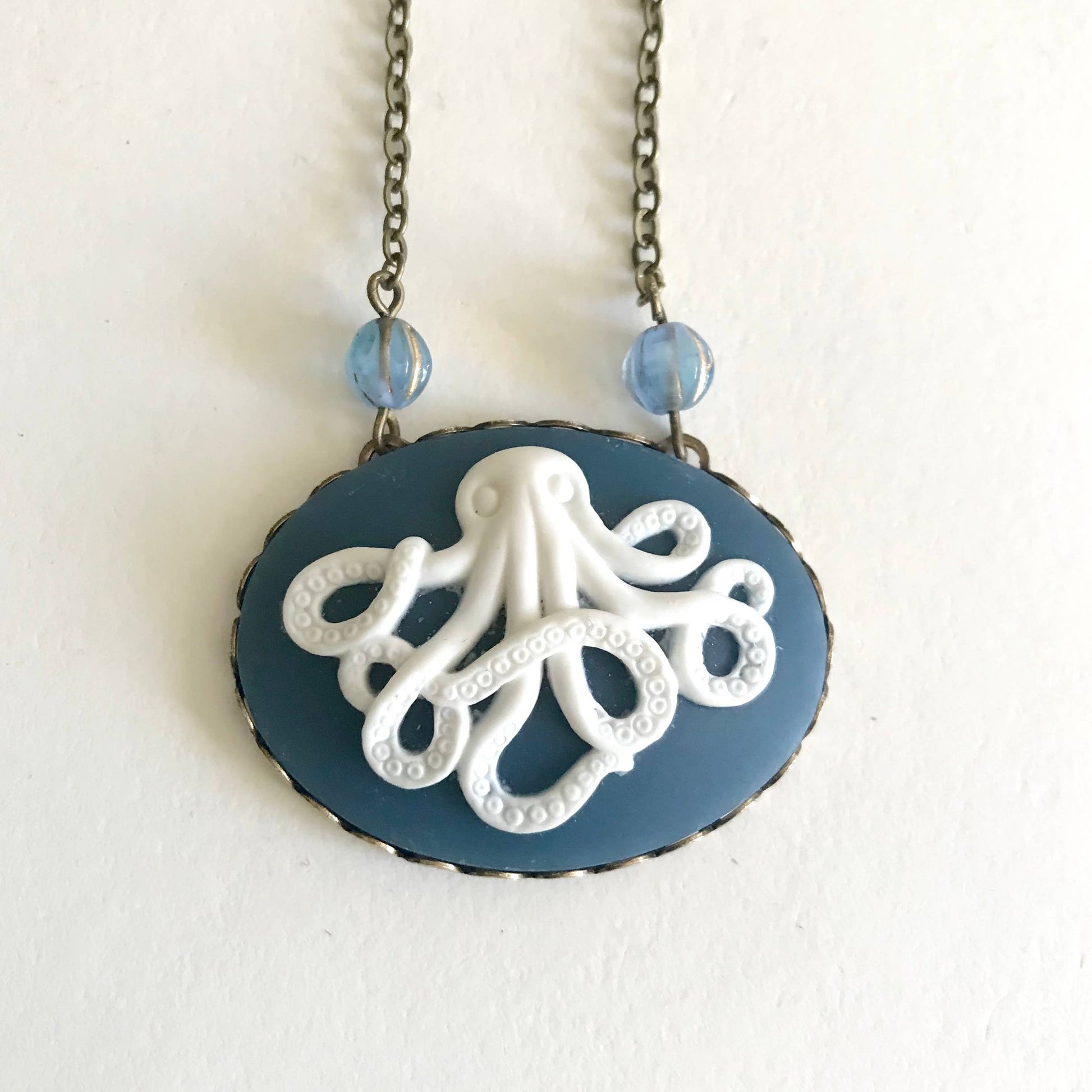 Navy Blue Cameo Pendant Octopus Necklace